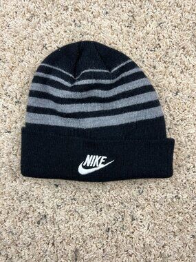 NIKE Youth Unisex Knit Striped Beanie Black Grey Hat With Logo